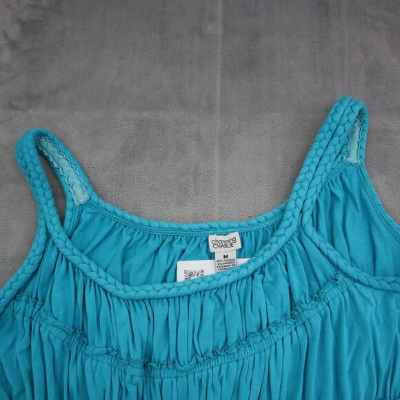 Charming Charlie Dress M Blue Long Fit Flare Sleeveless Pleated Knit Stretch - Picture 11 of 16